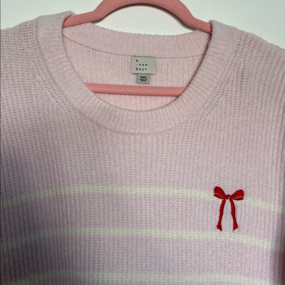 A new day Coquette Pink Stripe Sweater with Bow - Picture 3 of 6
